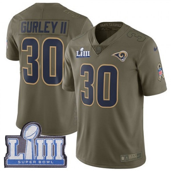 Nike Rams #30 Todd Gurley II Olive Super Bowl LIII Bound Men's Stitched NFL Limited 2017 Salute to Service Jersey