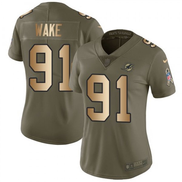 Women's Dolphins #91 Cameron Wake Olive Gold Stitched NFL Limited 2017 Salute to Service Jersey