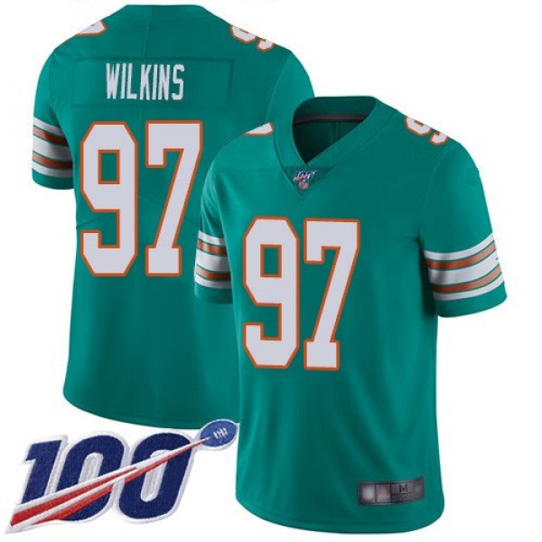 Nike Dolphins #97 Christian Wilkins Aqua Green Alternate Men's Stitched NFL 100th Season Vapor Limited Jersey