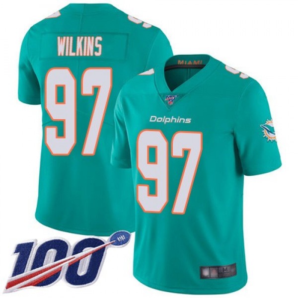 Nike Dolphins #97 Christian Wilkins Aqua Green Team Color Men's Stitched NFL 100th Season Vapor Limited Jersey