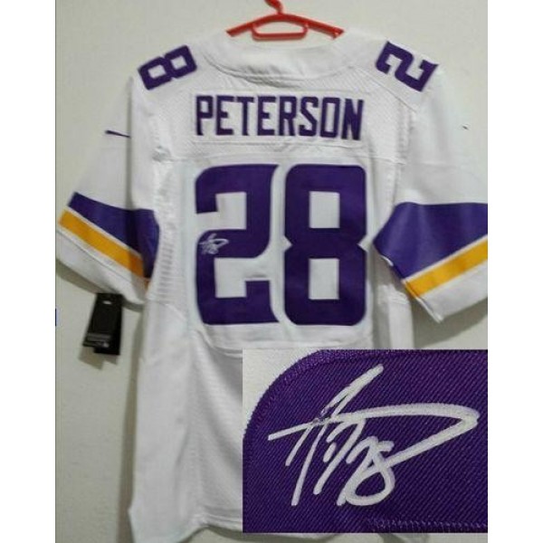 Nike Vikings #28 Adrian Peterson White Men's Stitched NFL Elite Autographed Jersey