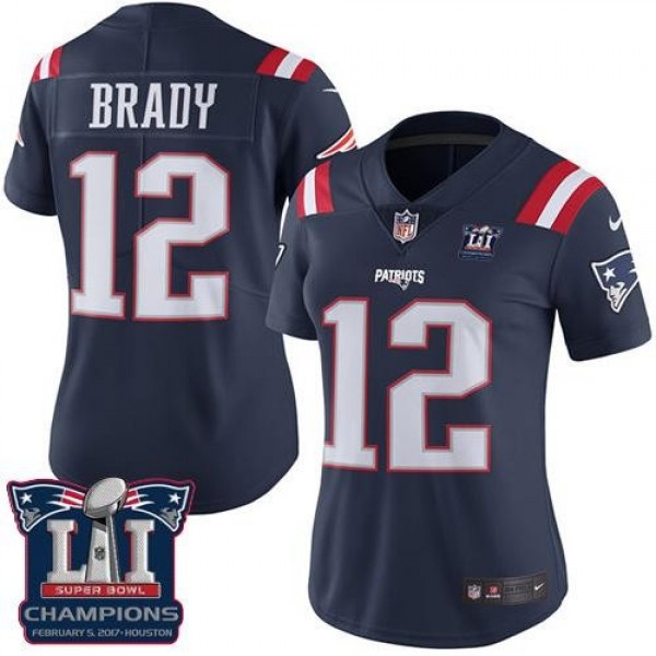 Women's Patriots #12 Tom Brady Navy Blue Super Bowl LI Champions Stitched NFL Limited Rush Jersey