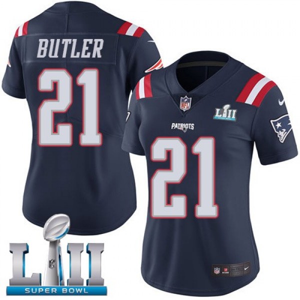 Women's Patriots #21 Malcolm Butler Navy Blue Super Bowl LII Stitched NFL Limited Rush Jersey