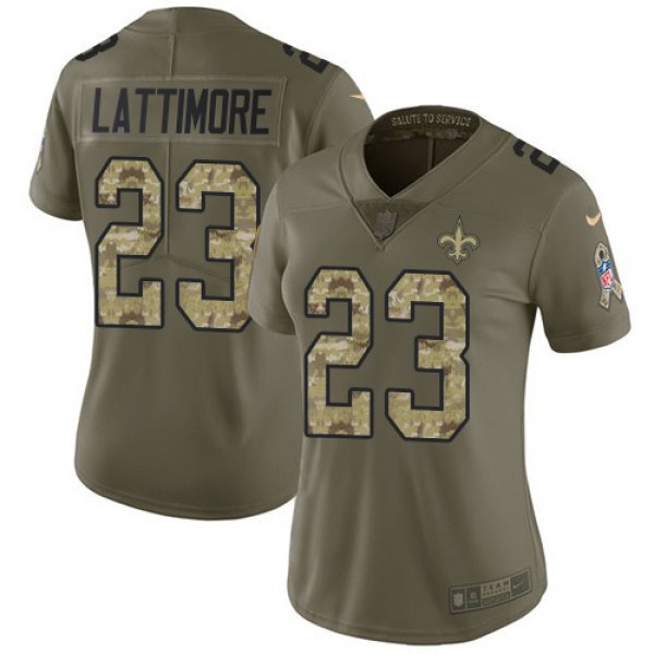 Women's Saints #23 Marshon Lattimore Olive Camo Stitched NFL Limited 2017 Salute to Service Jersey