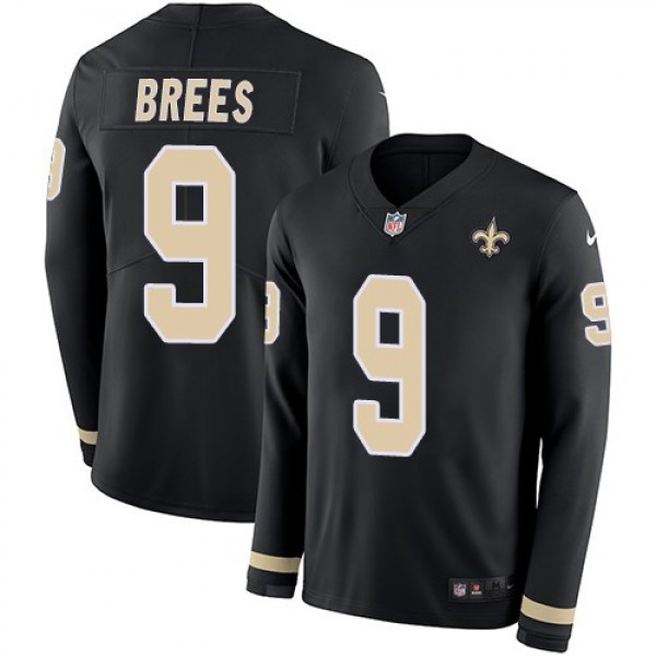 Nike Saints #9 Drew Brees Black Team Color Men's Stitched NFL Limited Therma Long Sleeve Jersey