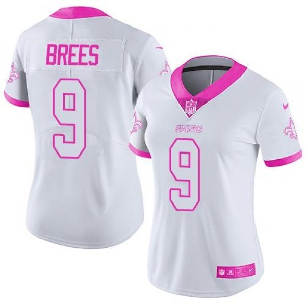 Women's Saints #9 Drew Brees White Pink Stitched NFL Limited Rush Jersey