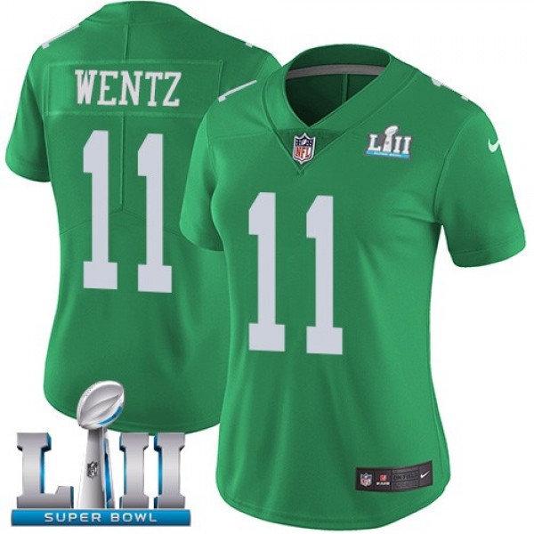 Women's Eagles #11 Carson Wentz Green Super Bowl LII Stitched NFL Limited Rush Jersey