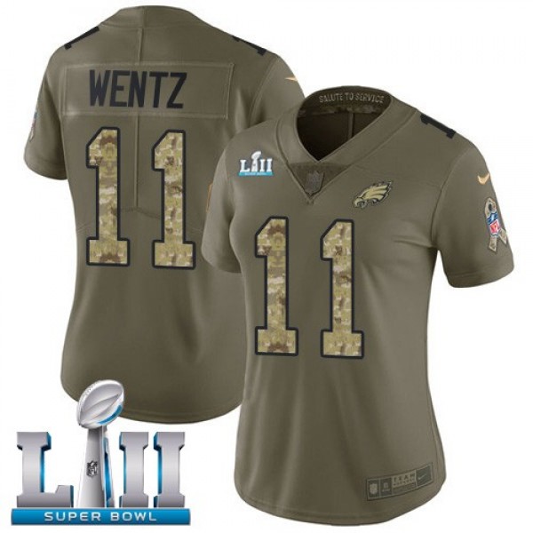 Women's Eagles #11 Carson Wentz Olive Camo Super Bowl LII Stitched NFL Limited 2017 Salute to Service Jersey