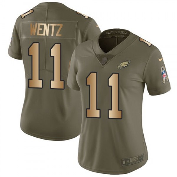 Women's Eagles #11 Carson Wentz Olive Gold Stitched NFL Limited 2017 Salute to Service Jersey