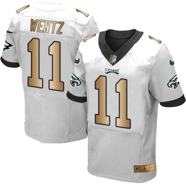 Nike Eagles #11 Carson Wentz White Men's Stitched NFL New Elite Gold Jersey