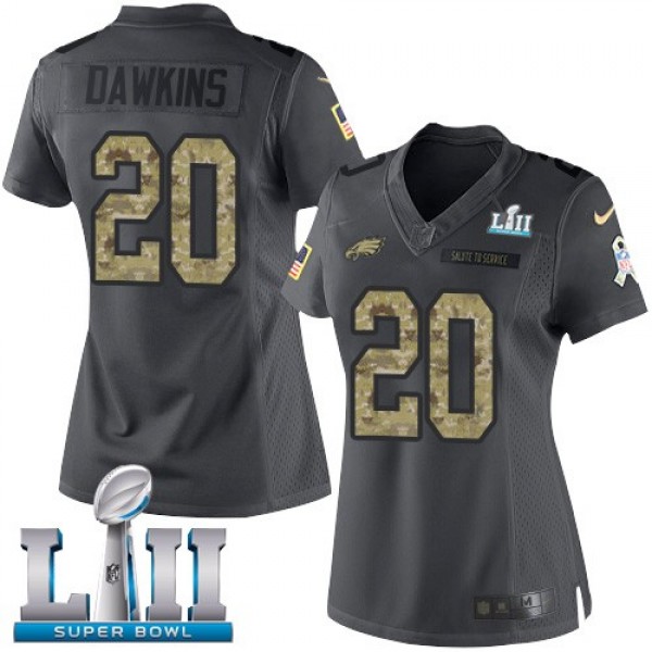 Women's Eagles #20 Brian Dawkins Black Super Bowl LII Stitched NFL Limited 2016 Salute to Service Jersey