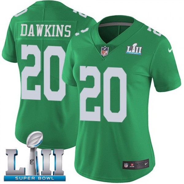 Women's Eagles #20 Brian Dawkins Green Super Bowl LII Stitched NFL Limited Rush Jersey