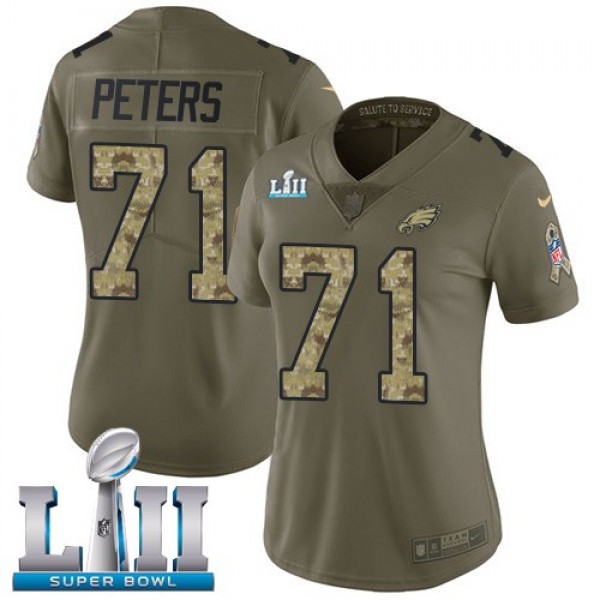 Women's Eagles #71 Jason Peters Olive Camo Super Bowl LII Stitched NFL Limited 2017 Salute to Service Jersey
