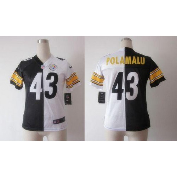 Women's Steelers #43 Troy Polamalu Black White Stitched NFL Elite Split Jersey