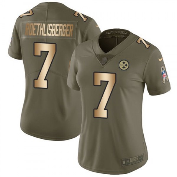 Women's Steelers #7 Ben Roethlisberger Olive Gold Stitched NFL Limited 2017 Salute to Service Jersey