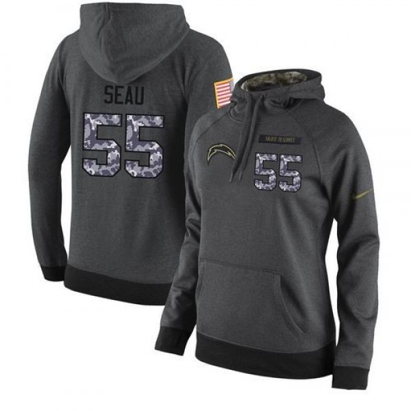 Women's NFL San Diego Chargers #55 Junior Seau Stitched Black Anthracite Salute to Service Player Hoodie Jersey