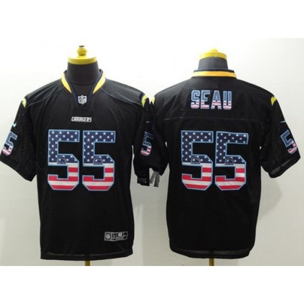 Nike Chargers #55 Junior Seau Black Men's Stitched NFL Elite USA Flag Fashion Jersey