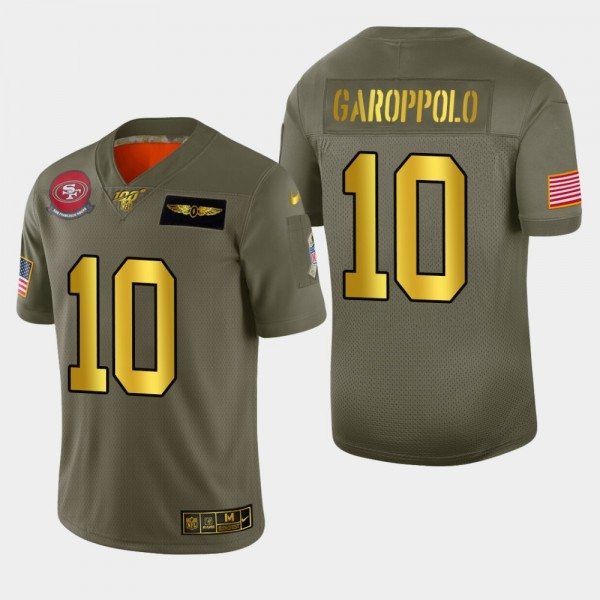 Nike 49ers #10 Jimmy Garoppolo Men's Olive Gold 2019 Salute to Service NFL 100 Limited Jersey