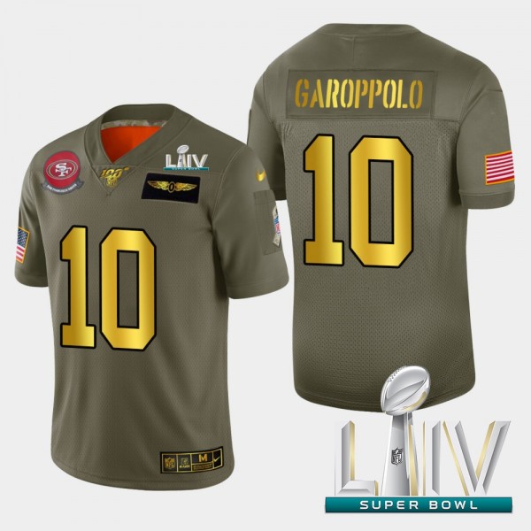 Nike 49ers #10 Jimmy Garoppolo Men's Olive Gold Super Bowl LIV 2020 2019 Salute to Service NFL 100 Limited Jersey