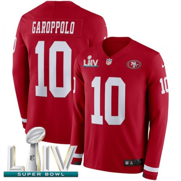 Nike 49ers #10 Jimmy Garoppolo Red Super Bowl LIV 2020 Team Color Men's Stitched NFL Limited Therma Long Sleeve Jersey