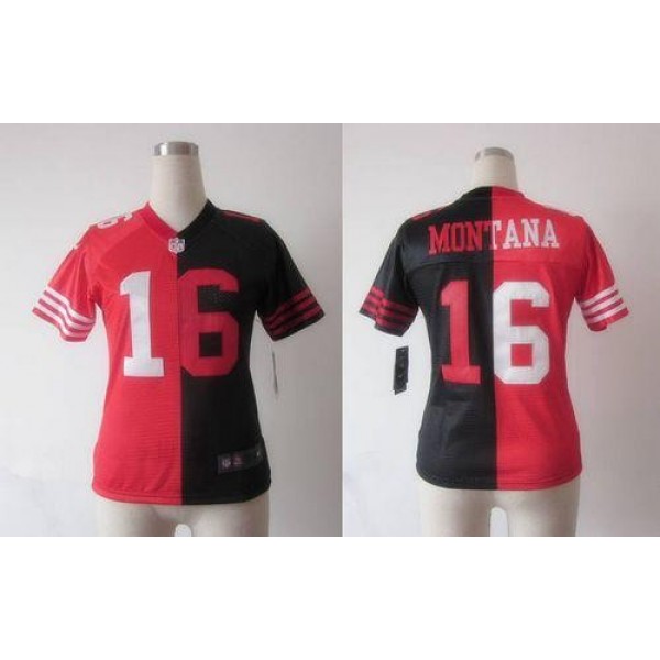 Women's 49ers #16 Joe Montana Black Red Stitched NFL Elite Split Jersey