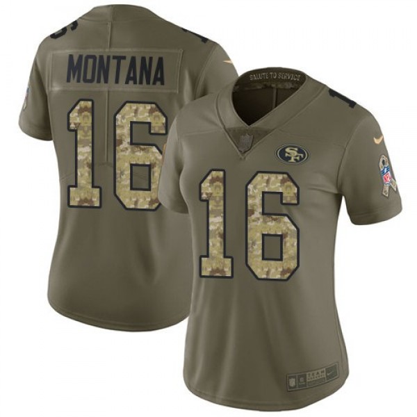 Women's 49ers #16 Joe Montana Olive Camo Stitched NFL Limited 2017 Salute to Service Jersey