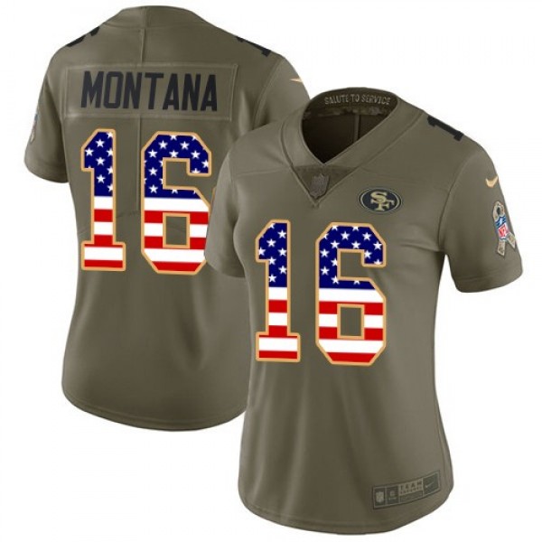 Women's 49ers #16 Joe Montana Olive USA Flag Stitched NFL Limited 2017 Salute to Service Jersey