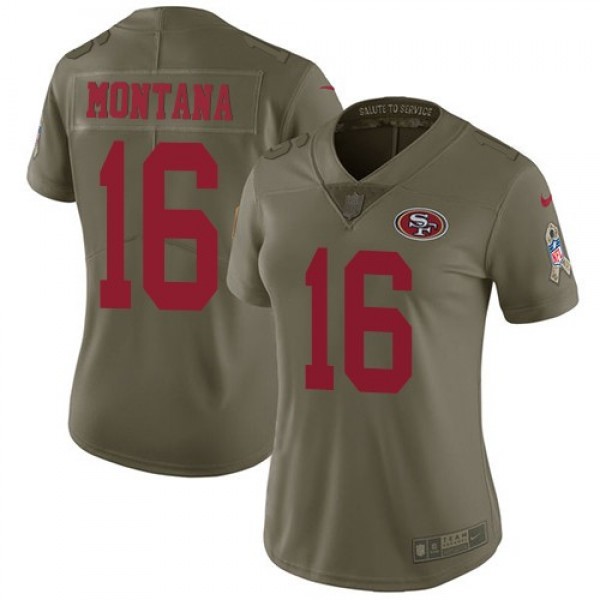 Women's 49ers #16 Joe Montana Olive Stitched NFL Limited 2017 Salute to Service Jersey