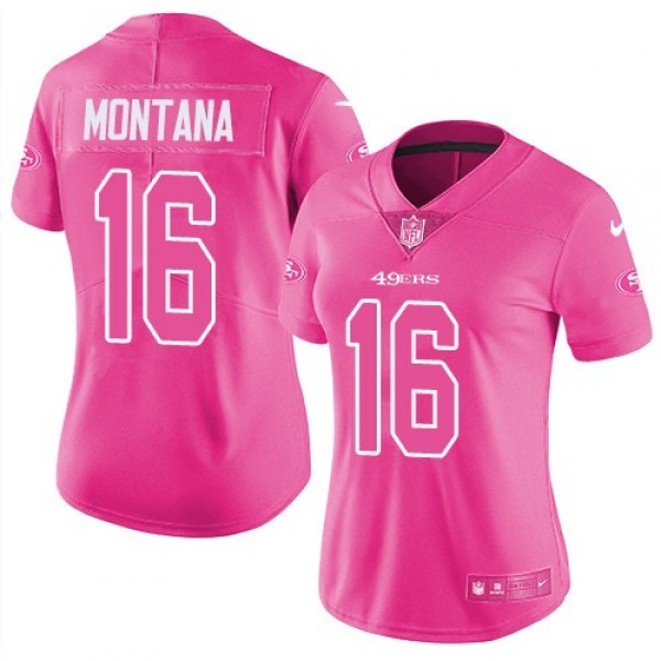 Women's 49ers #16 Joe Montana Pink Stitched NFL Limited Rush Jersey