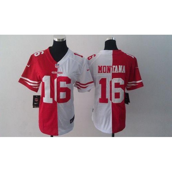 Women's 49ers #16 Joe Montana Red White Stitched NFL Elite Split Jersey