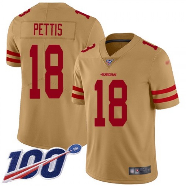 Nike 49ers #18 Dante Pettis Gold Men's Stitched NFL Limited Inverted Legend 100th Season Jersey