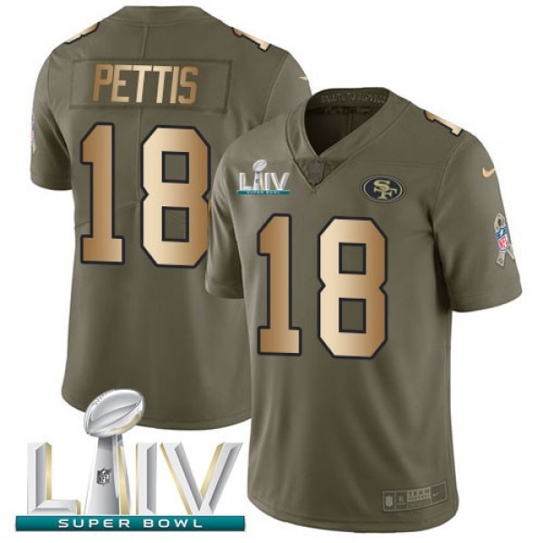 Nike 49ers #18 Dante Pettis Olive/Gold Super Bowl LIV 2020 Men's Stitched NFL Limited 2017 Salute To Service Jersey