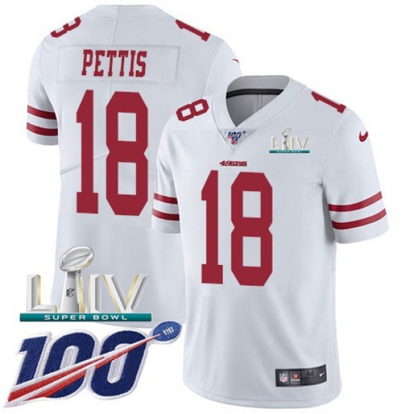Nike 49ers #18 Dante Pettis White Super Bowl LIV 2020 Men's Stitched NFL 100th Season Vapor Limited Jersey