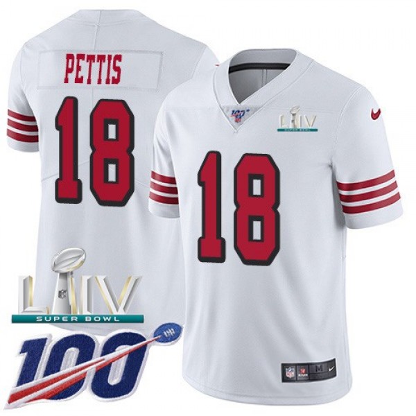 Nike 49ers #18 Dante Pettis White Super Bowl LIV 2020 Rush Men's Stitched NFL Limited 100th Season Jersey