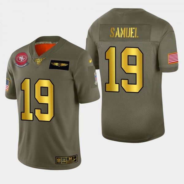 Nike 49ers #19 Deebo Samuel Men's Olive Gold 2019 Salute to Service NFL 100 Limited Jersey