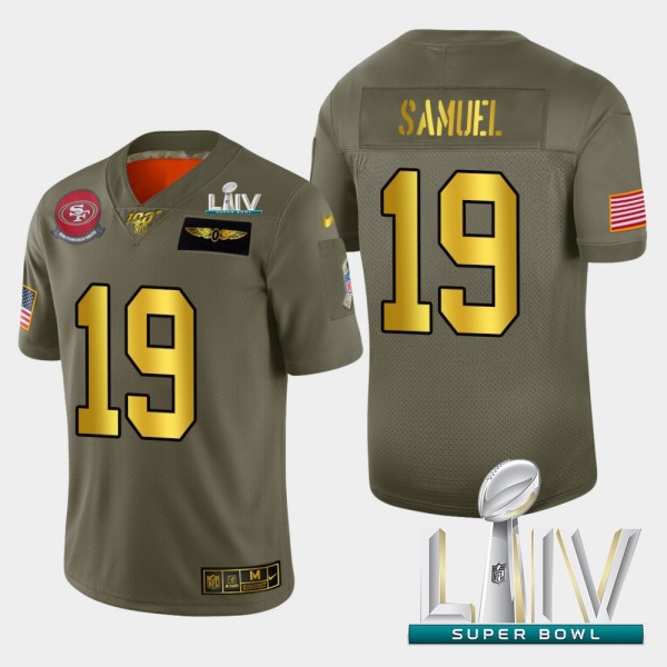 Nike 49ers #19 Deebo Samuel Men's Olive Gold Super Bowl LIV 2020 2019 Salute to Service NFL 100 Limited Jersey