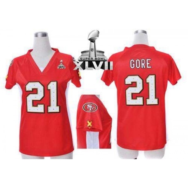 Women's 49ers #21 Frank Gore Red Team Color Draft Him Name Number Top Super Bowl XLVII Stitched NFL Elite Jersey