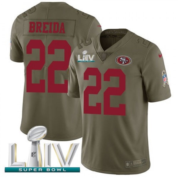 Nike 49ers #22 Matt Breida Olive Super Bowl LIV 2020 Men's Stitched NFL Limited 2017 Salute To Service Jersey