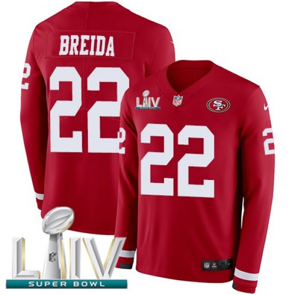 Nike 49ers #22 Matt Breida Red Super Bowl LIV 2020 Team Color Men's Stitched NFL Limited Therma Long Sleeve Jersey