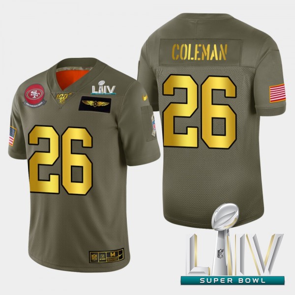 Nike 49ers #26 Tevin Coleman Men's Olive Gold Super Bowl LIV 2020 2019 Salute to Service NFL 100 Limited Jersey