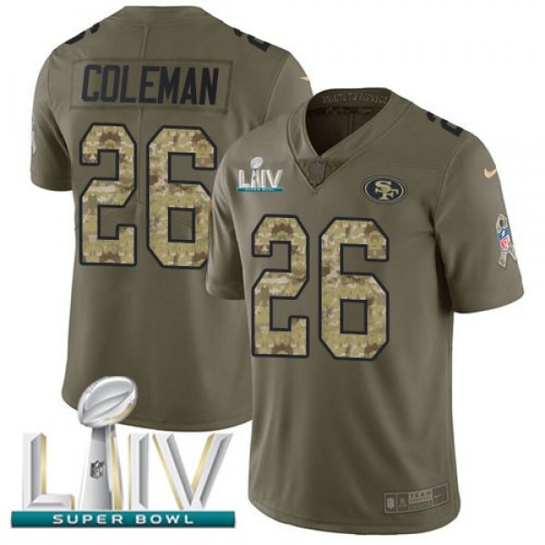 Nike 49ers #26 Tevin Coleman Olive/Camo Super Bowl LIV 2020 Men's Stitched NFL Limited 2017 Salute To Service Jersey