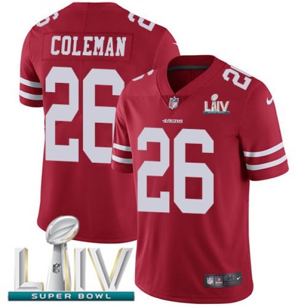 Nike 49ers #26 Tevin Coleman Red Super Bowl LIV 2020 Team Color Men's Stitched NFL Vapor Untouchable Limited Jersey