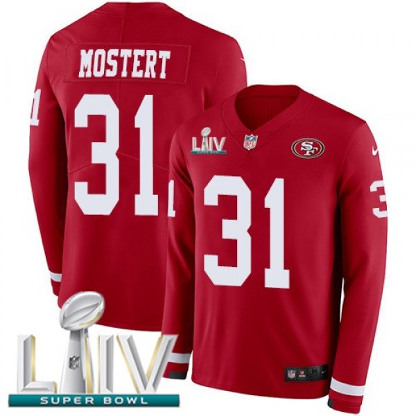 Nike 49ers #31 Raheem Mostert Red Super Bowl LIV 2020 Team Color Men's Stitched NFL Limited Therma Long Sleeve Jersey