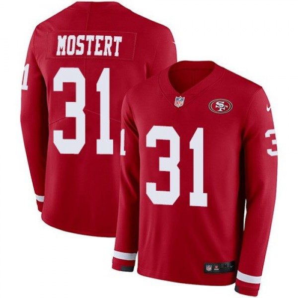 Nike 49ers #31 Raheem Mostert Red Team Color Men's Stitched NFL Limited Therma Long Sleeve Jersey
