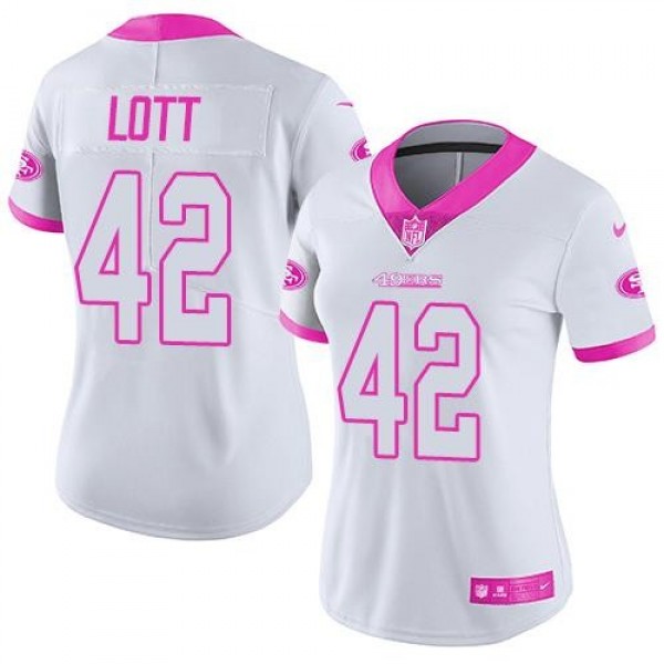 Women's 49ers #42 Ronnie Lott White Pink Stitched NFL Limited Rush Jersey