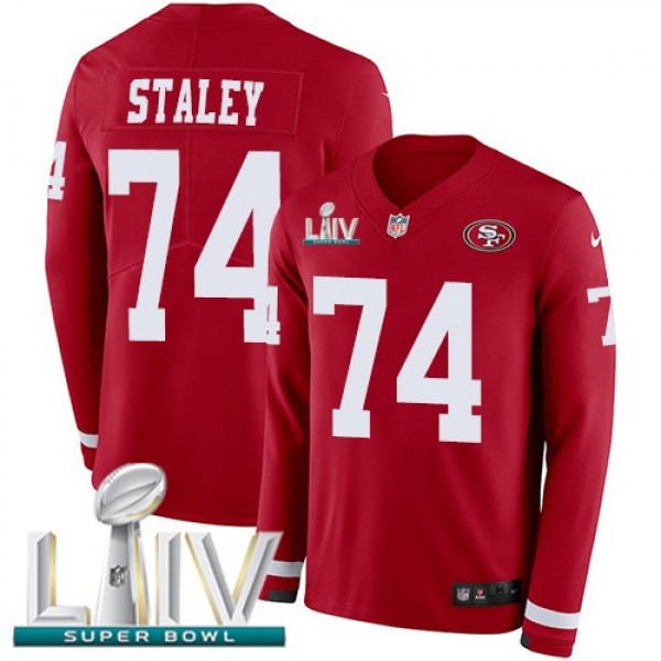 Nike 49ers #74 Joe Staley Red Super Bowl LIV 2020 Team Color Men's Stitched NFL Limited Therma Long Sleeve Jersey