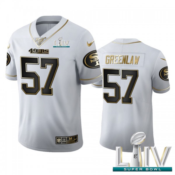 San Francisco 49ers #57 Dre Greenlaw Men's Nike White Golden Super Bowl LIV 2020 Edition Vapor Limited NFL 100 Jersey