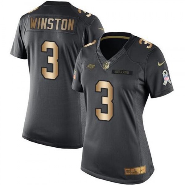 Women's Buccaneers #3 Jameis Winston Black Stitched NFL Limited Gold Salute to Service Jersey