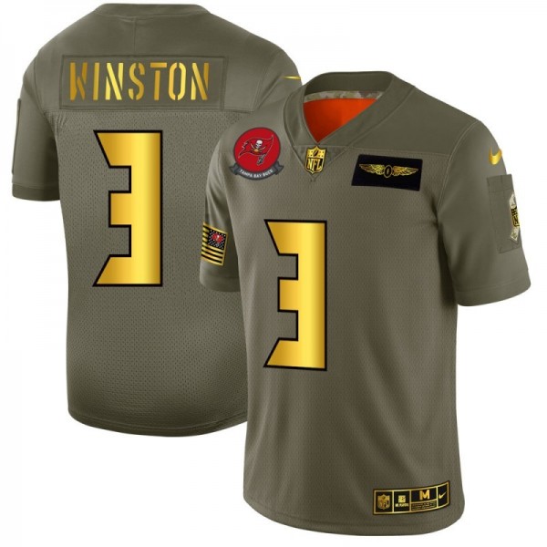 Tampa Bay Buccaneers #3 Jameis Winston NFL Men's Nike Olive Gold 2019 Salute to Service Limited Jersey