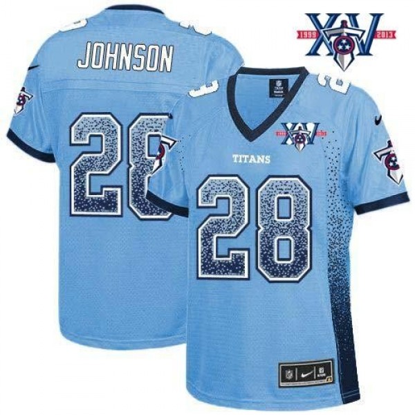 Women's Titans #28 Chris Johnson Light Blue Team Color With 15th Season Patch Stitched NFL Elite Drift Jersey